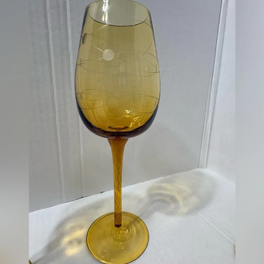 Vintage MCM Eisch Pirouette Amber Glasses, Air Twist Space Age Orbital Pattern 4